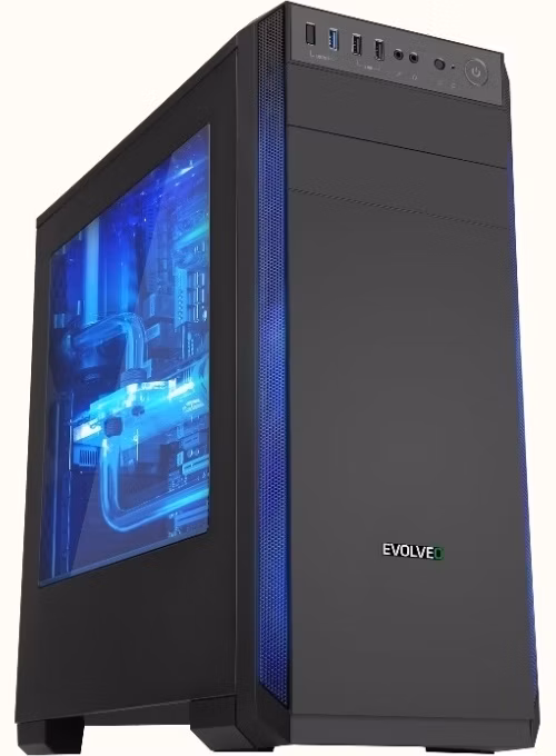 EVOLVEO T3, case ATX, 2x USB2.0 / 1x USB3.0 , 3x 120mm (modrý), černý s modrým podsvícením