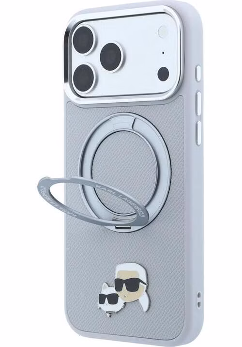 Karl Lagerfeld PU Grained K&amp;CH Heads Ring Stand Magsafe kryt iPhone 18 Pro Max šedá