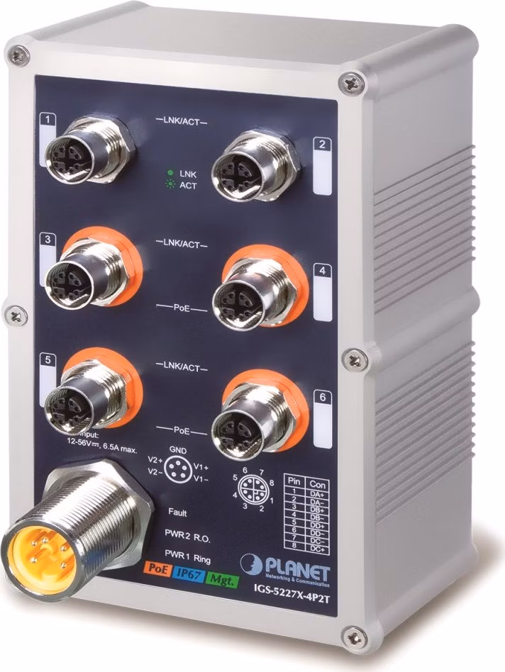 Planet IGS-5227X-4P2T vodotěsný průmyslový L3 switch, 6x1Gb M12, 4x PoE 802.3at 144W, 12-56VDC, -40~75°C, IP67, EN50155