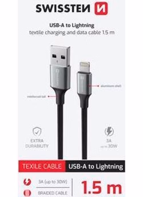 SWISSTEN DATOVÝ KABEL TEXTILE II USB / LIGHTNING 1,5 M ČERNÝ