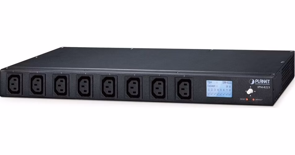 Planet IPM-8221, IP ovládání 8x zásuvek 240V/10A, 1U Rack/desktop, LED+displej, port pro senzor