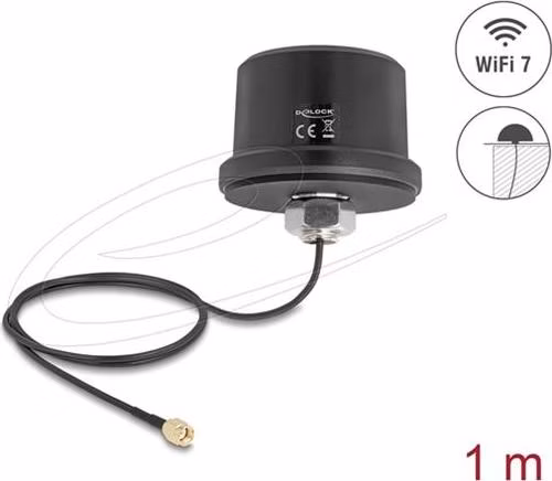 Delock WiFi 7 Anténa RP-SMA samec 3,1 - 3,5 dBi všesměrová, připojovací kabel ULA100 1 m střešní montáž venkovní černá