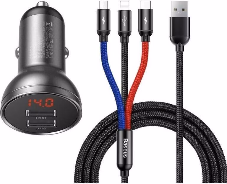 Baseus rychlonabíječka do auta 2xUSB 4,8A 24W s displejem + 3v1 kabel černá