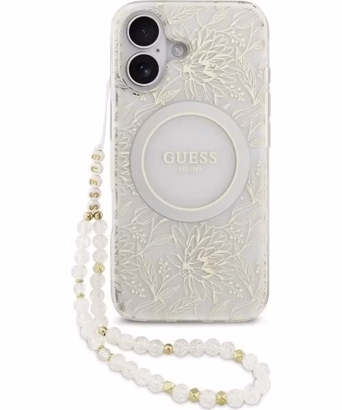 Guess IML Flowers Allover Strap MagSafe kryt iPhone 17 biely