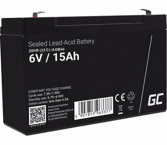 Green Cell AGM VRLA 6V 15Ah maintenance-free battery for the alarm system, cash register, toys