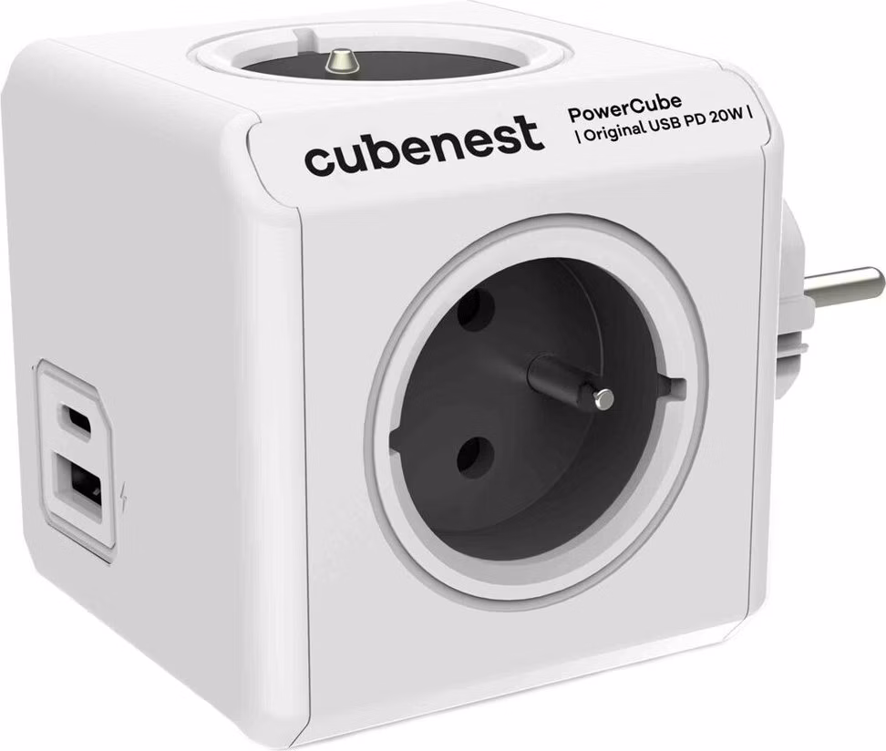 Cubenest Powercube Original USB PD 20W, A+C, 4× zásuvka, bílá/šedá, dětská pojistka, uzemnění, max. 16A/250V~3680W
