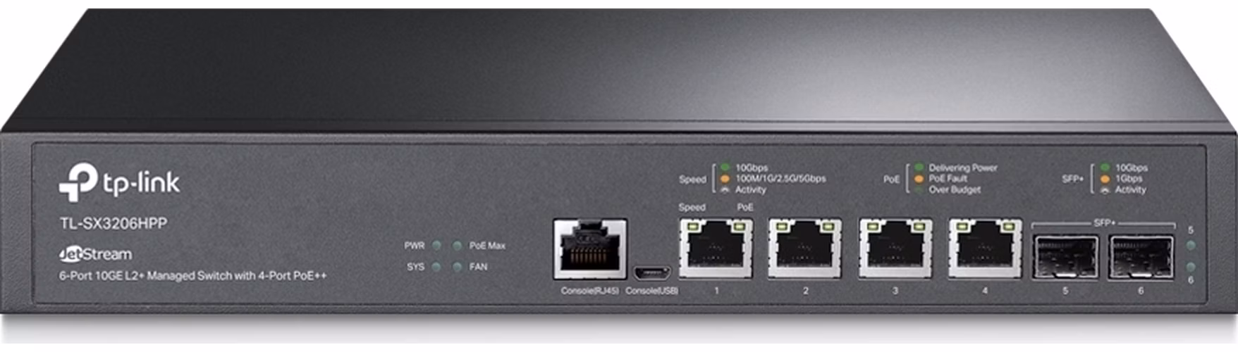 Omada 4-Port PoE++ 10GBase-T L2+ Managed Switch with 2 10GE SFP+ Slots PORT: 4× 10G PoE++ Ports, 2× 10G SFP+ Slots, RJ45