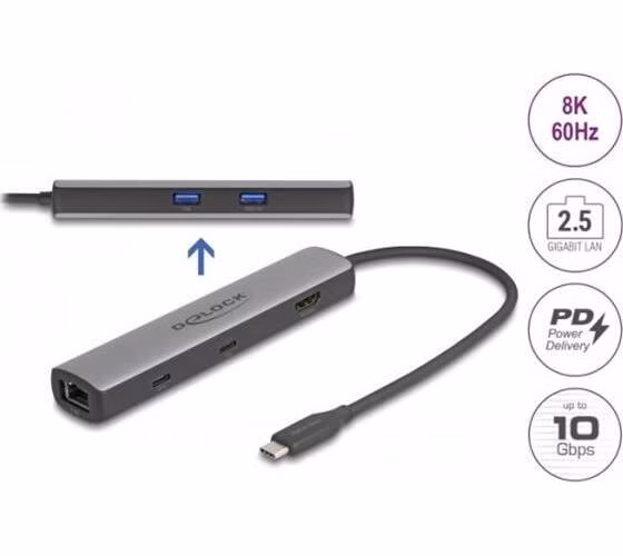 Delock Dokovací stanice USB 40 Gbps USB Type-C™ 8K - HDMI / USB 10 Gbps / 2,5 Gigabit LAN / PD 3.0 100 W