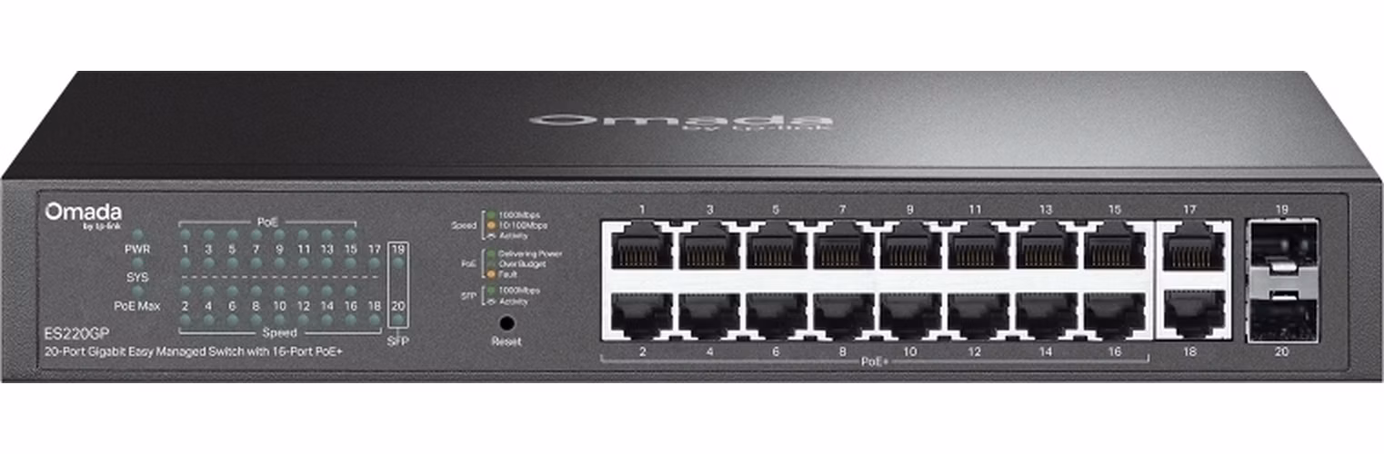 TP-Link ES220GP, Omada 20-Port Gigabit Easy Managed Switch, 2x GLAN, 16x GLAN PoE+, 2x SFP, 150W PoE budget, 1U