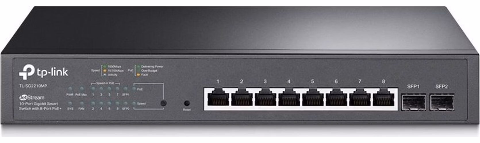 Omada 10-Port PoE+ Gigabit Smart Switch with 2 SFP Slots PORT: 8× Gigabit PoE+ Ports, 2× Gigabit SFP Slots SPEC: 802.3at