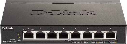 D-Link DGS-1100-08PV2 8-Port PoE Gigabit Smart Managed Switch- 8-Port 1000BaseTX Auto-Negotiating 10/100/1000Mbps Switch
