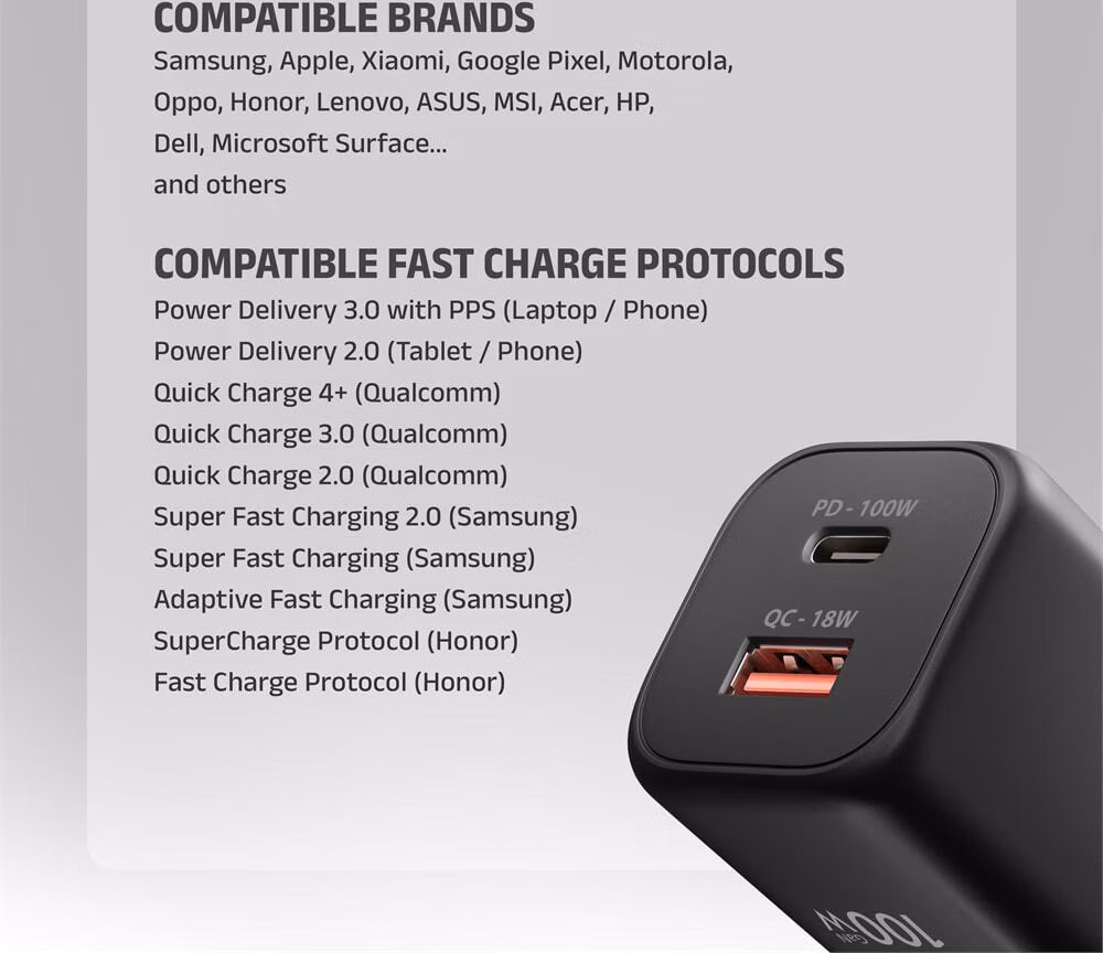 AXAGON ACU-PQ100, GaN nabíjačka do siete 100W, USB-A+USB-C, PD3.0/PPS/QC4+/SFC2.0/Apple, čierna