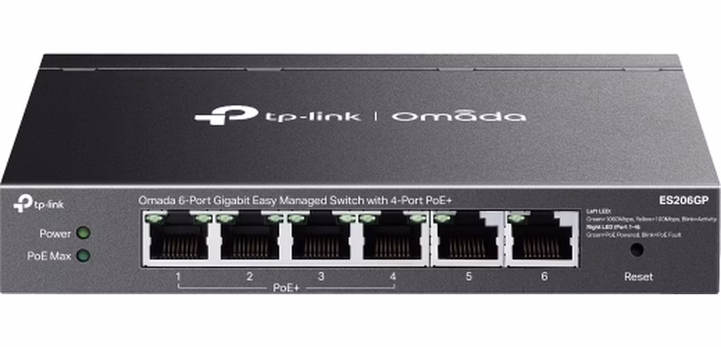 Omada 6-Port Gigabit Easy Managed Switch with 4-Port PoE+ PORT: 4× Gigabit PoE+ Ports, 2x Gigabit Non-PoE Ports SPEC: 8