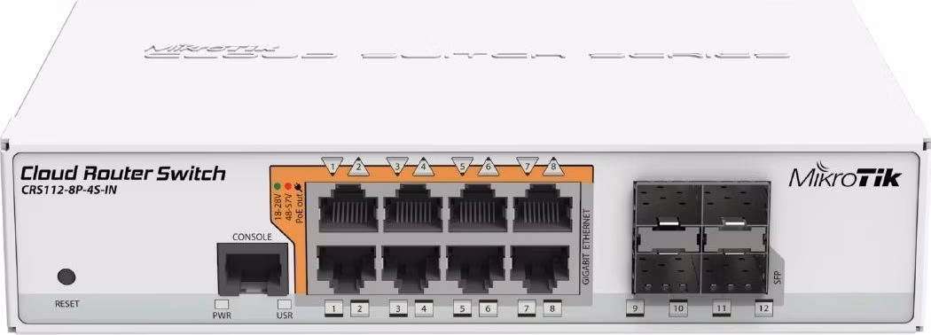 MikroTik Cloud Router Switch CRS112-8P-4S-IN, 400MHz CPU, 128MB RAM, 8xLAN, PoE max. 67W, 4xSFP slot, vrátane. Licencia L5