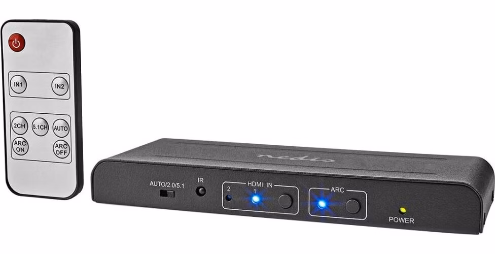 NEDIS HDMI extraktor/ 2x HDMI vstup/ TosLink zásvuka/ 1x 3.5 mm/ 1x HDMI výstup/ 2x RCA/ 4K@60Hz/ 18 Gbps/ kov/ antracit