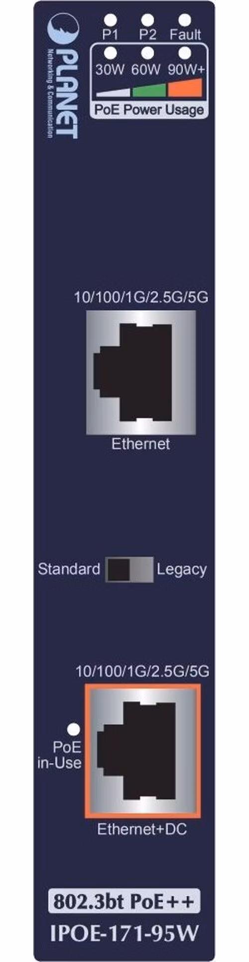 Planet IPOE-171-95W PoE injektor IEEE802.3bt, 95W, DIN, IP30, -40~75°C, 12-48VDC-input