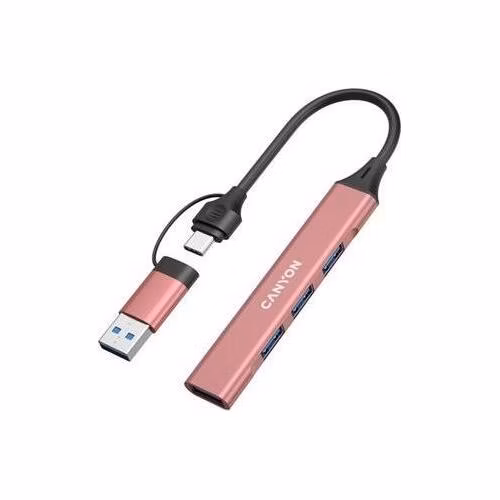 Canyon DS-02, USB-C Hub, 4 porty, 3xUSB 2.0 480Mbps, 1xUSB 3.0, 5Gbps, USB-C/USB-A adaptér, ružová