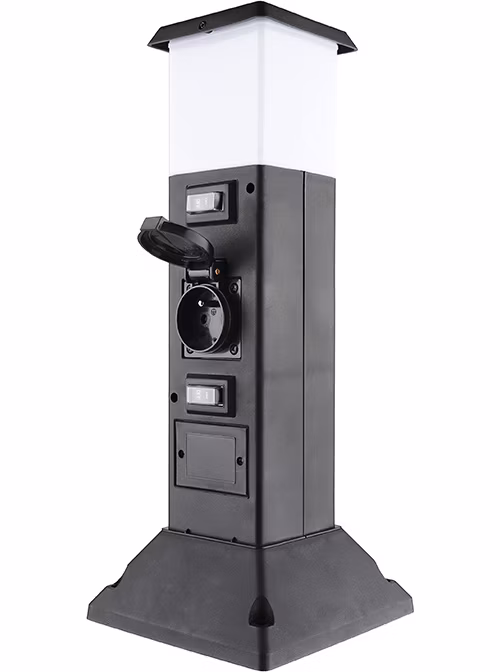 Solight záhradný stĺpik IP44 s LED osvetlením, plast, 2 zásuvky, hranol, čierny