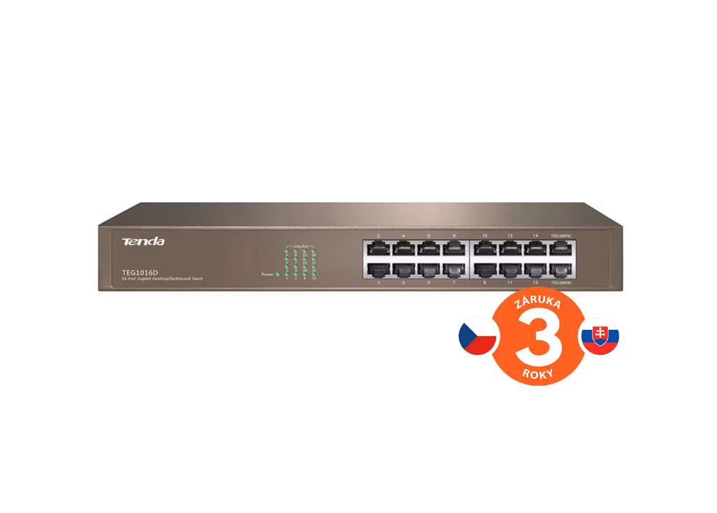 Tenda TEG1016D - 16x Gigabit Switch, Fanless-bez ventilátorov, Rackmount, ochrana proti prepätiu