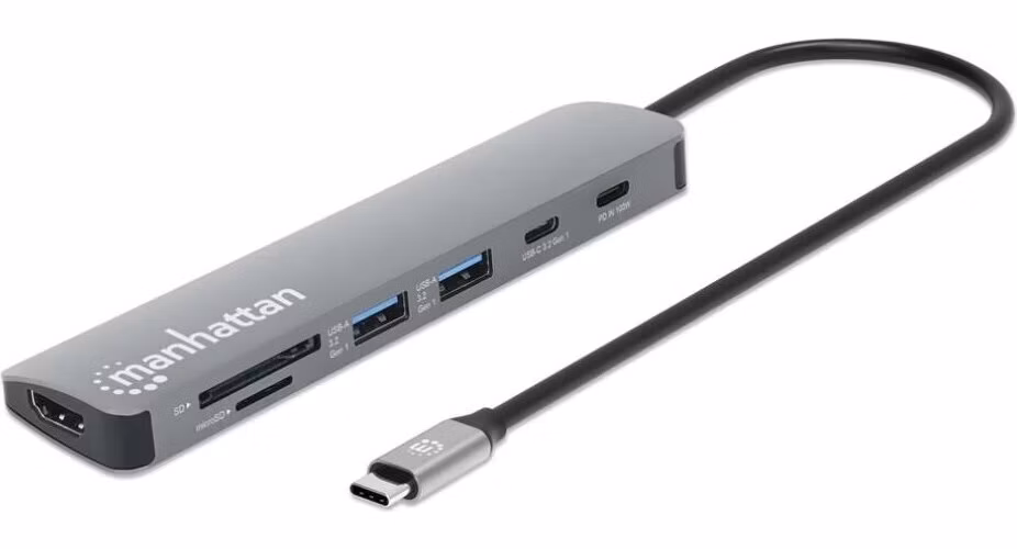 MANHATTAN Dokovací stanice USB-C 7v1, 1xHDMI, 2xUSB-C, 2xUSB, čtečka SD karet, šedá