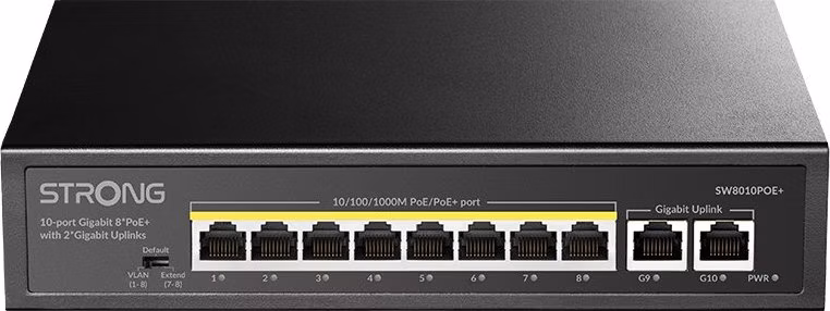 STRONG switch SW8010POE+/ 8x port Gigabit POE+/ 2x Ggabit Uplink port/ IEEE802.3af/at/ kovové šasi/ černý