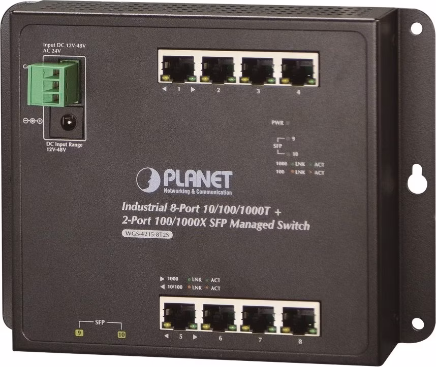 Planet WGS-4215-8T2S plochý L4 switch, 8x1Gb, 2x1Gb SFP, 12-48VDC/24VAC, -40~75°C, IP30, fanless