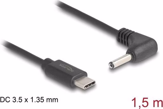 Delock Napájecí kabel z konektoru USB Type-C™ na stejnosměrný konektor 3,5 x 1,35 mm, pravoúhlý, 1,5 m