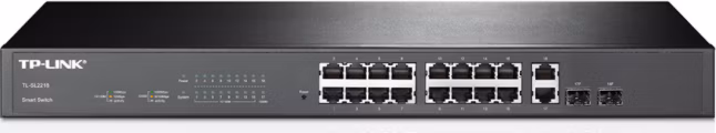 Omada 16-Port Gigabit Smart Switch with 2 Gigabit SFP Slots PORT: 16× Gigabit RJ45 Ports, 2× Gigabit SFP Slots SPEC: 1U