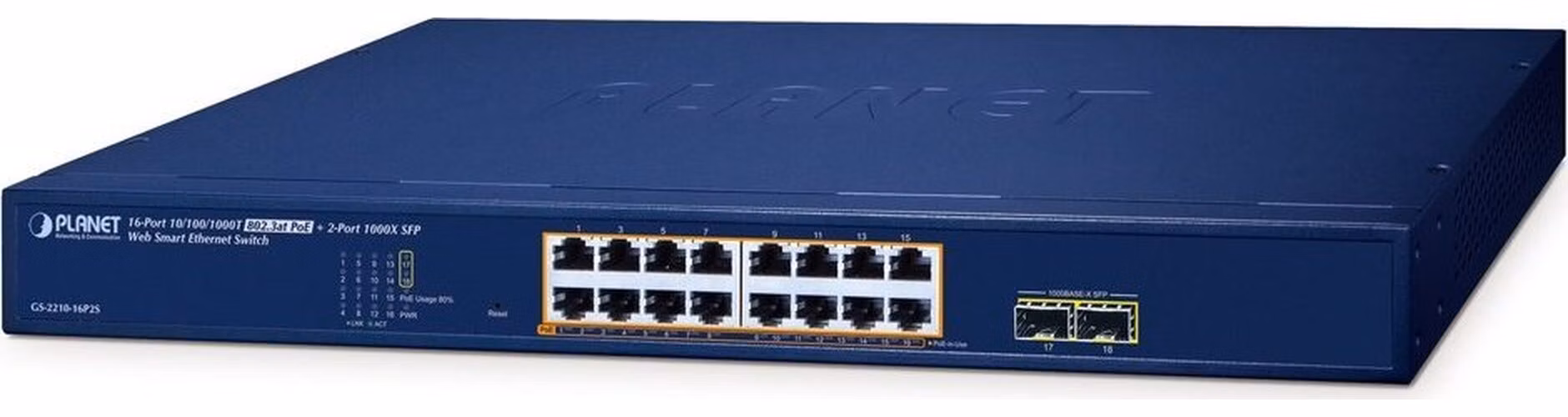 Planet GS-2210-16P2S WEBsmart L2 switch, 16x1Gb, 2x1Gb SFP, 16x PoE 802.3at 240W, QoS