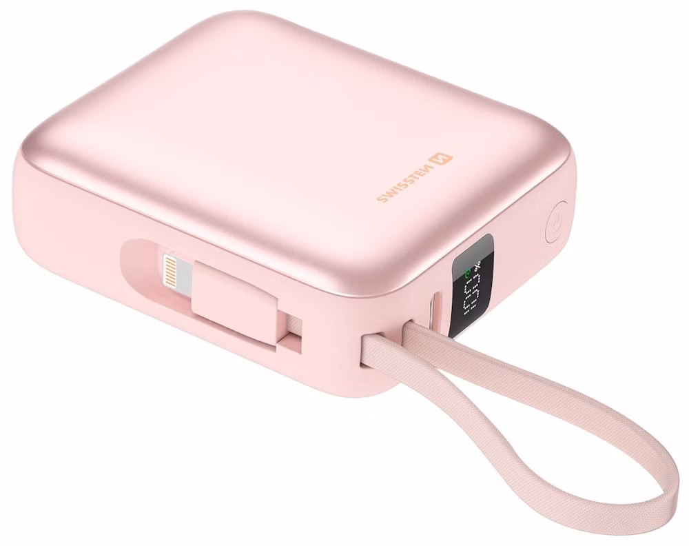 Swissten Power Bank Space 10000 mAh S Integrovanými Kabely USB-C A Lightning Růžová