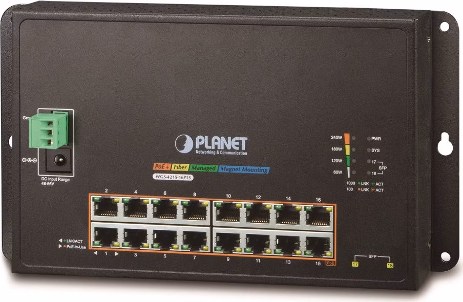 Planet WGS-4215-16P2S plochý L4 switch, 16x1Gb, 2x1Gb SFP, 16x PoE 802.3at 240W, 48-56VDC, -10~60°C, IP30, fanless
