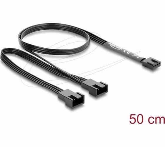 Delock Kabel ventilátoru z 1 čtyřpinové zásuvky PWM na 2 x 4 pinové zástrčky PWM, černý – délka 50 cm, s větví 20 cm