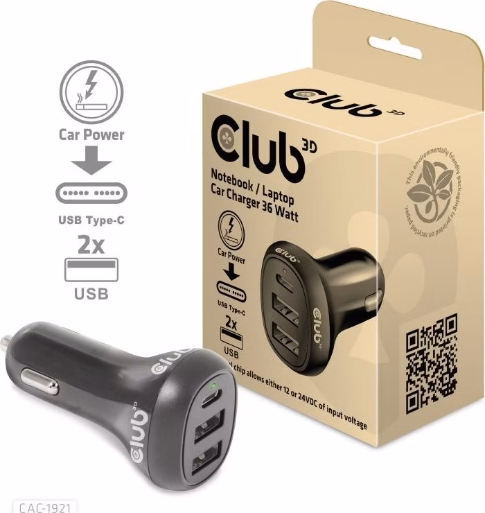 Club3D Auto nabíječka pro Notebooky 36W, 3 porty (2xUSB-A + USB-C)
