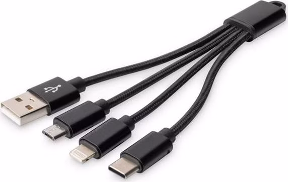 DIGITUS Nabíjecí kabel USB 3 v 1 - USB A - Lightning + micro B + typ C M/ M/M/M 0,15 m, bavlna, CE, zlatá, bl