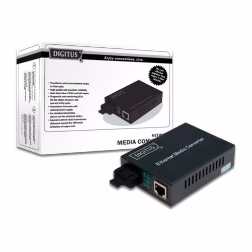 DIGITUS Media Converter, Singlemode 10/100Base-TX to 100Base-FX, Incl. PSU SC connector, Up to 20km