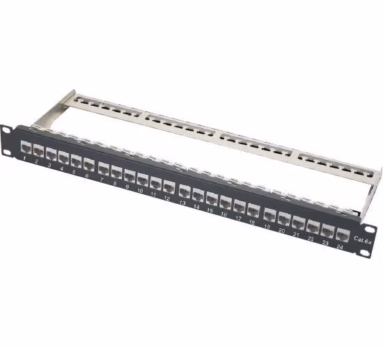 XtendLan Patch panel 19", 24 portů s vyjmutelnými keystone Cat6a, stíněný