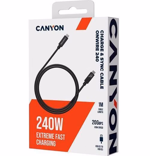 Canyon OnWire 240, 1 m, nabíjací a dátový kábel USB-C / USB-C, USB4, 240 W PD, 20 Gb/s, TPE, čierny
