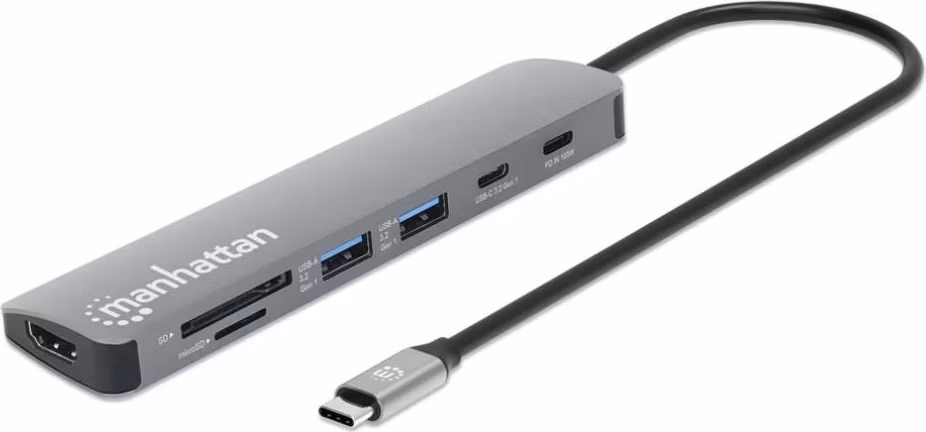 MANHATTAN Dokovací stanice USB-C 7v1, 1xHDMI, 2xUSB-C, 2xUSB, čtečka SD karet, šedá