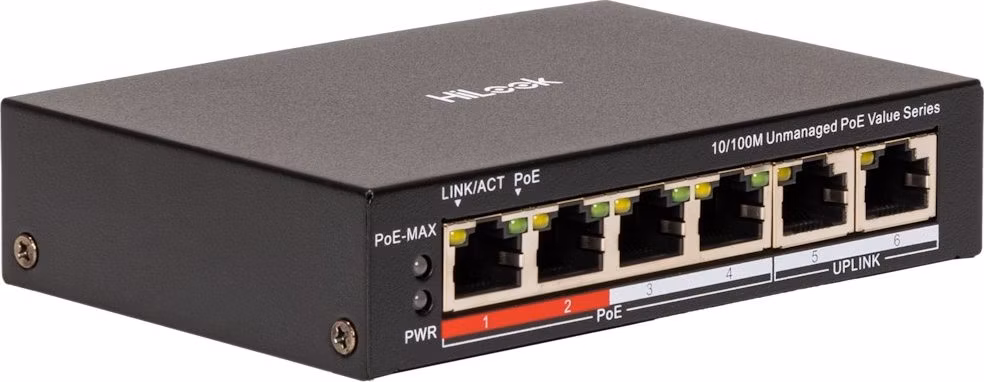 HiLook Powered by HIKVISION switch NS-0106P-45(B)/ 4x port/ 10/100 Mbps RJ45 ports PoE / 2x 100 Mbps uplink