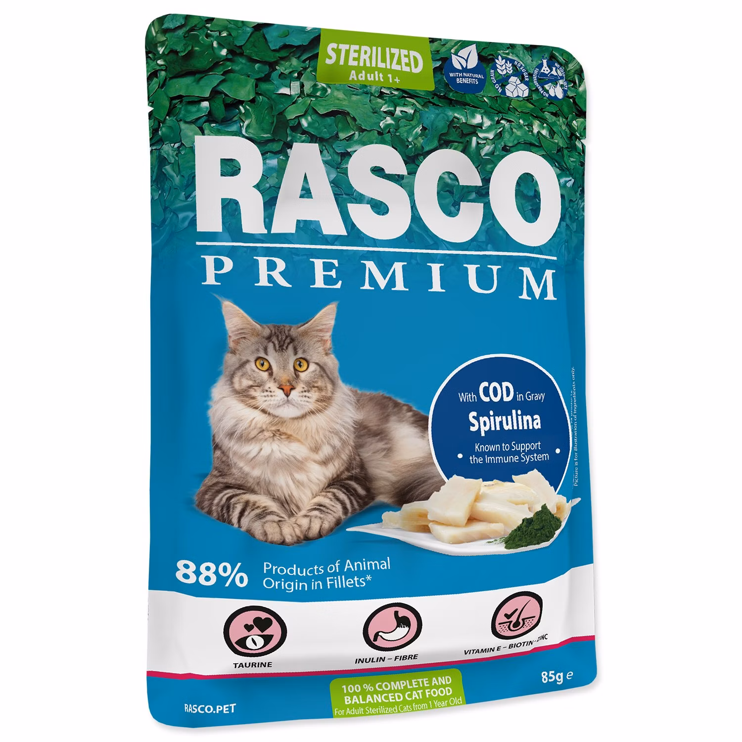 Kapsička Rasco Premium Sterilized treska so spirulínou 85g