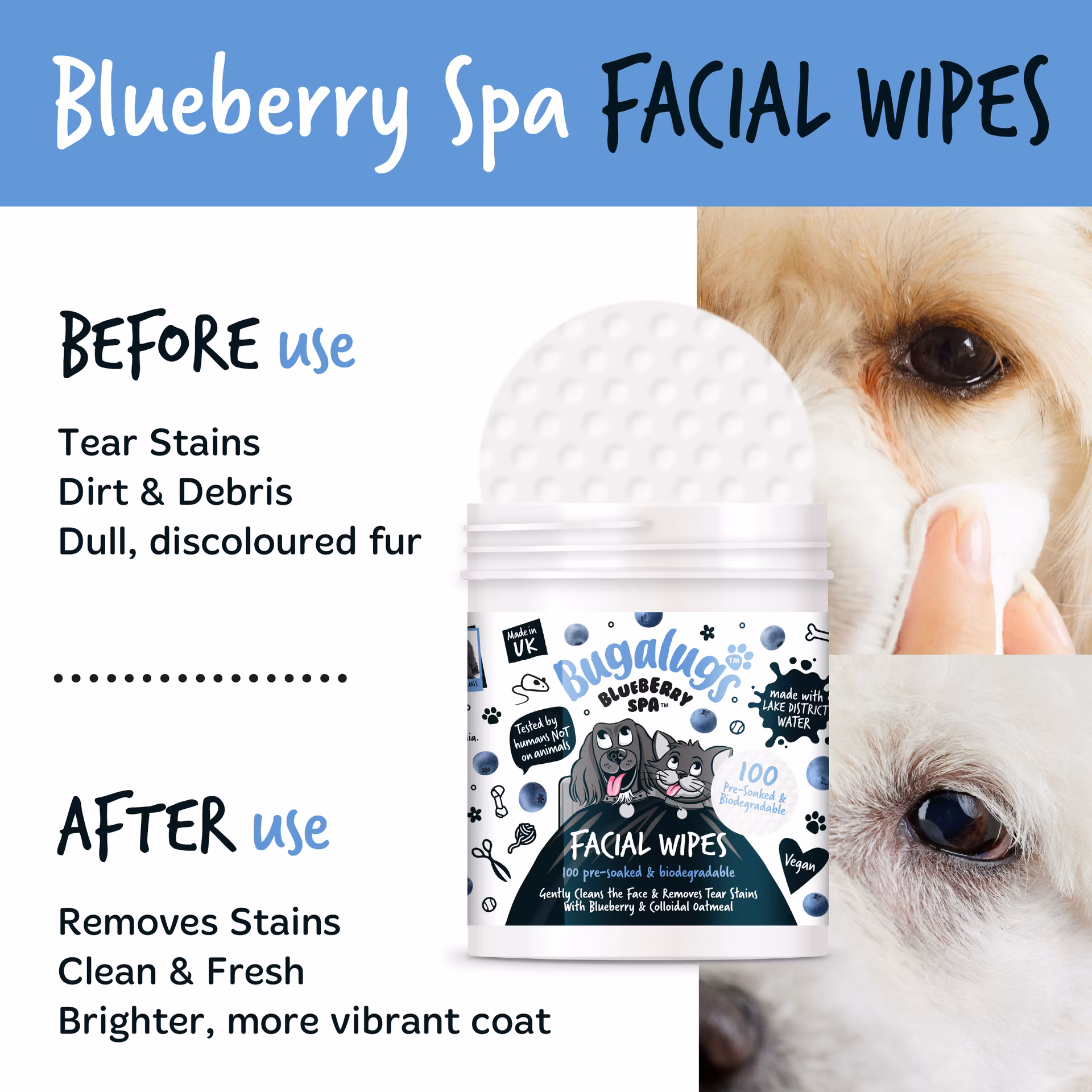 Bugalugs čistiace utierky na tvár a slzné škvrny pre psov Blueberry Spa