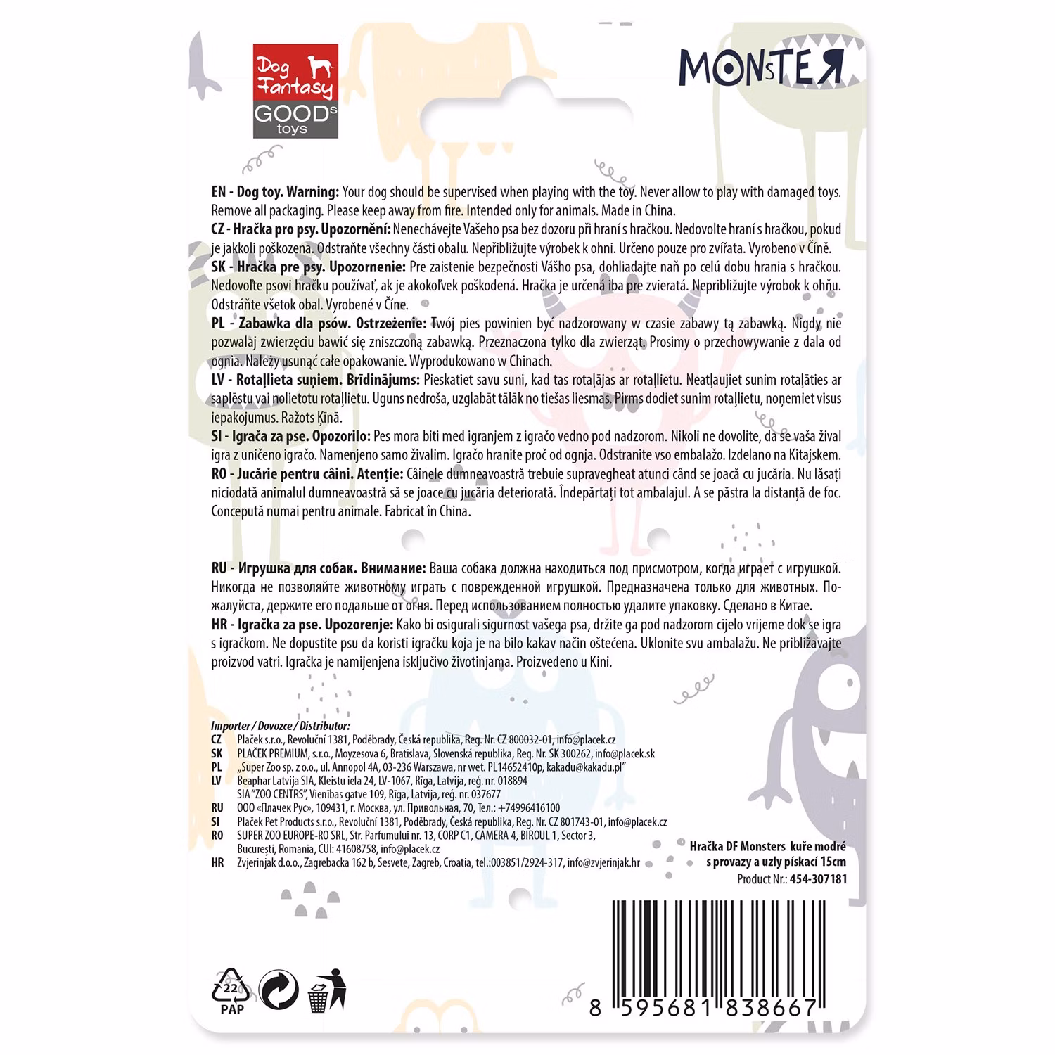 Hračka Dog Fantasy Monsters kura pískacie s povrazmi a uzlami modré 15cm