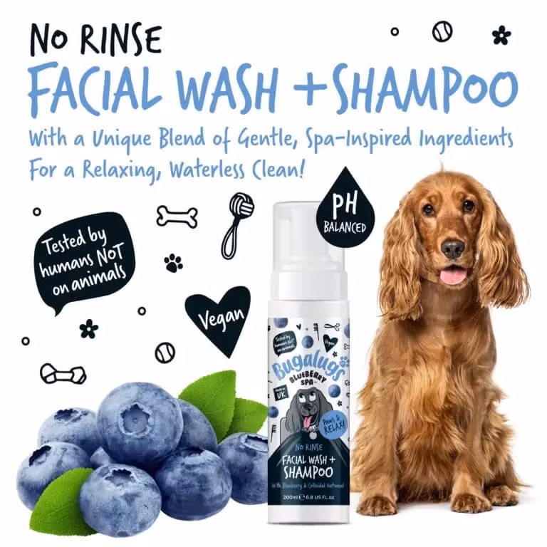 Bugalugs bezoplachový šampón na tvár a srsť pre psov – Blueberry Spa 200 ml