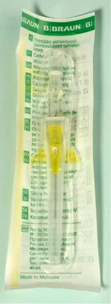 Kanyla i.v.INTROCAN-W SAFETY PUR G 24, 0,7 x 19 mm, žltá bez portu s krídelkami, 50 ks/bal.