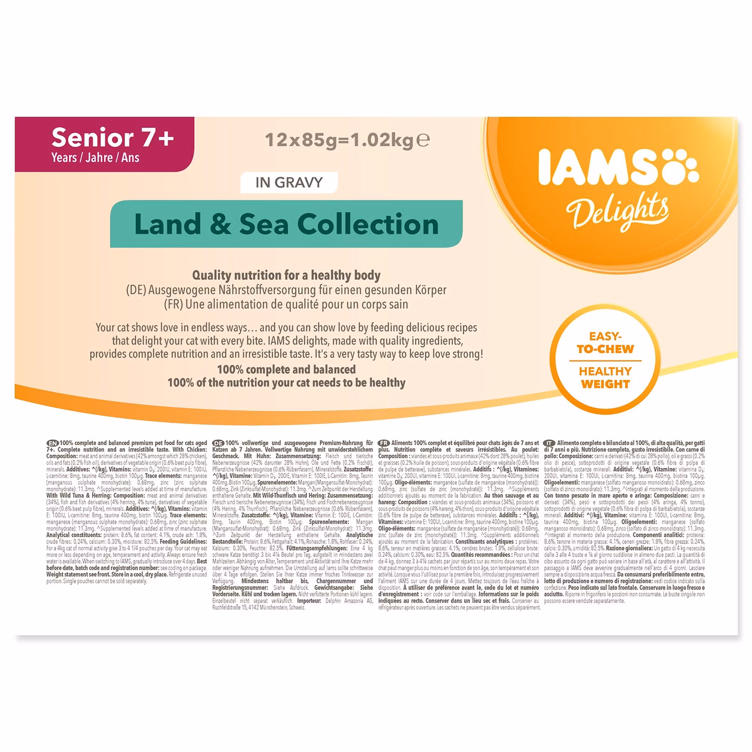 Kapsička IAMS Delights Senior morské a suchozemské mäso v omáčke 1020g (12x85g)