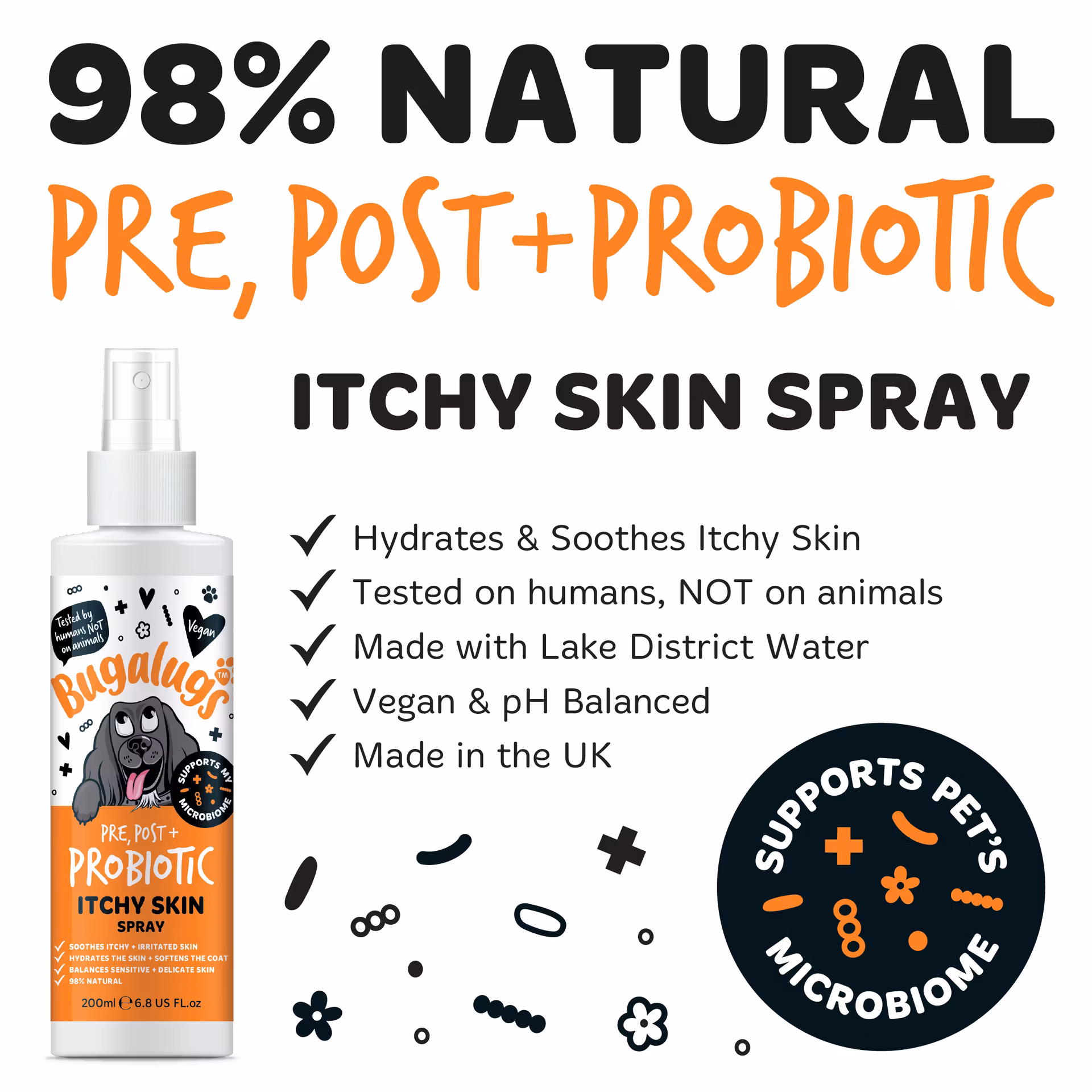 Bugalugs Pre, Post + Probiotic upokojujúci sprej na svrbiacu pokožku pre psov