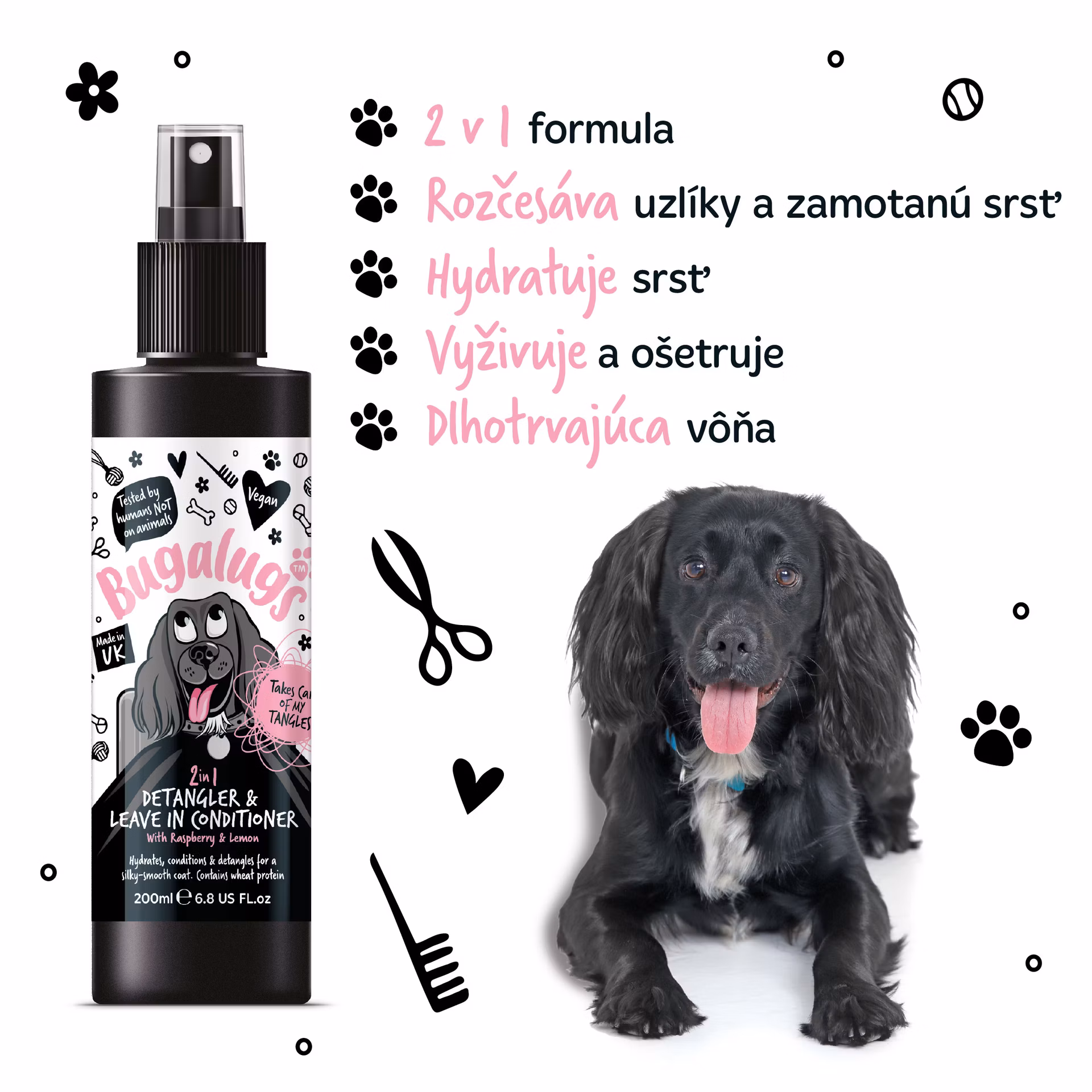Bugalugs sprej na rozčesávanie srsti a kondicionér pre psov 2v1 – Malina a Citrón 200 ml
