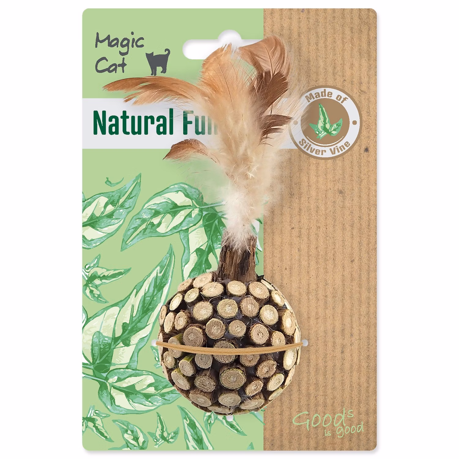 Hračka Magic Cat Natural Fun guľa s prírodnými pierkami a oblepené drevom 13cm