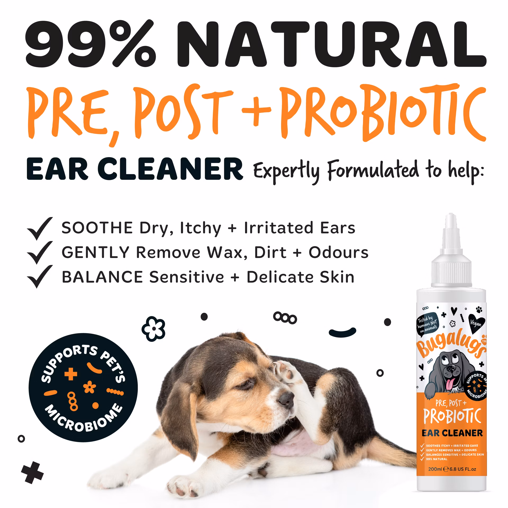 Bugalugs Pre, Post + Probiotic upokojujúci roztok na čistenie uší pre psov 200 ml