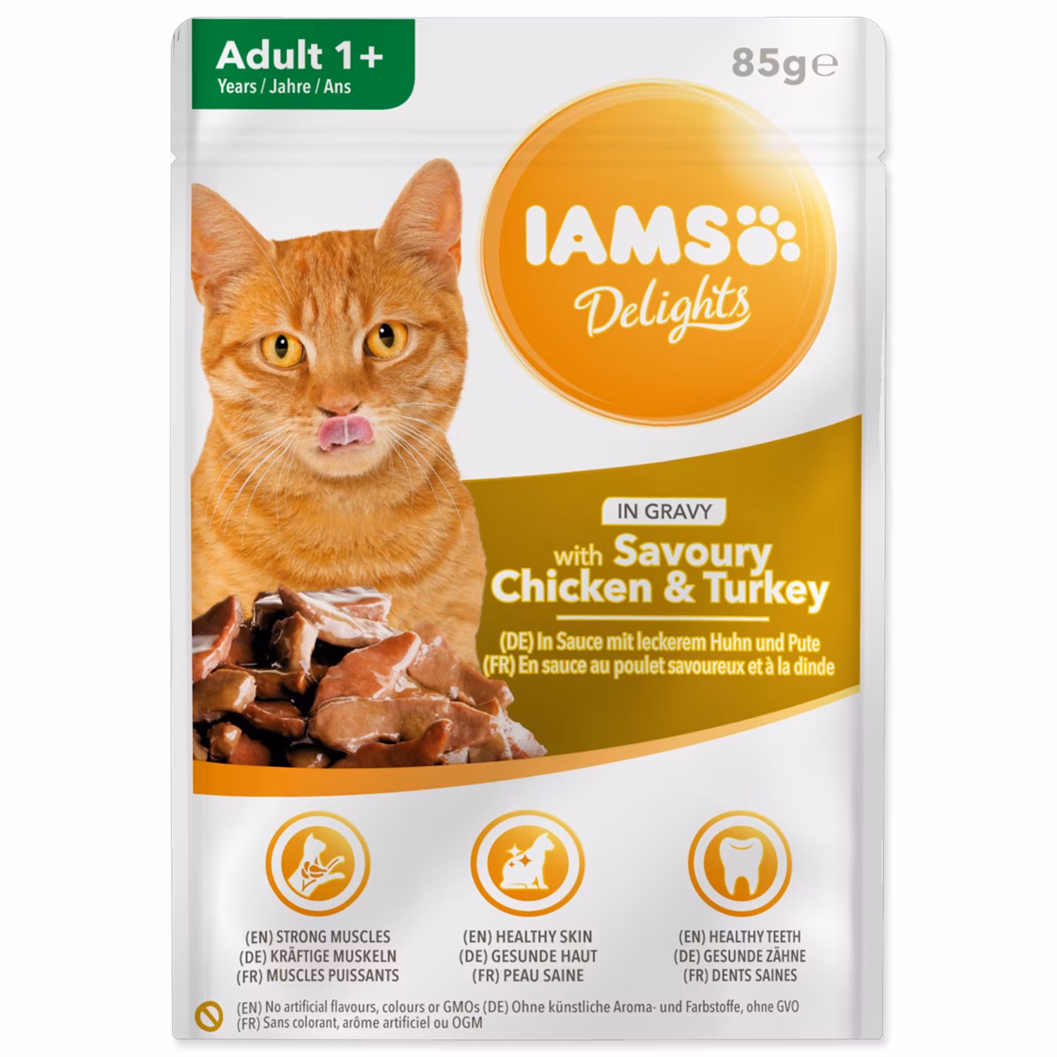 Kapsička IAMS Delights Adult kura a morčacie v omáčke 85g